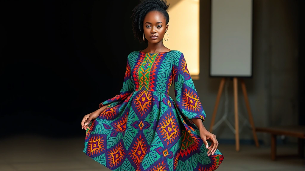 Woman wearing vibrant Ankara print flowing dress with geometric patterns, standing confidently, natural lighting, fashion photography, African textile design showcase, professional styling