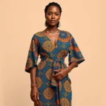 Photorealistic image of a woman wearing a vibrant ankara print wrap dress with intricate geometric patterns in bold blues and golds, styled with natural accessories and confident posture against neutral background