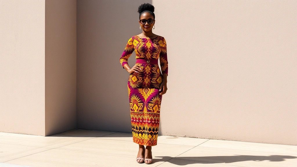 Woman confidently wearing vibrant Ankara dress with bold geometric patterns, standing in natural sunlight, professional styling with structured accessories and neutral footwear, sophisticated posture