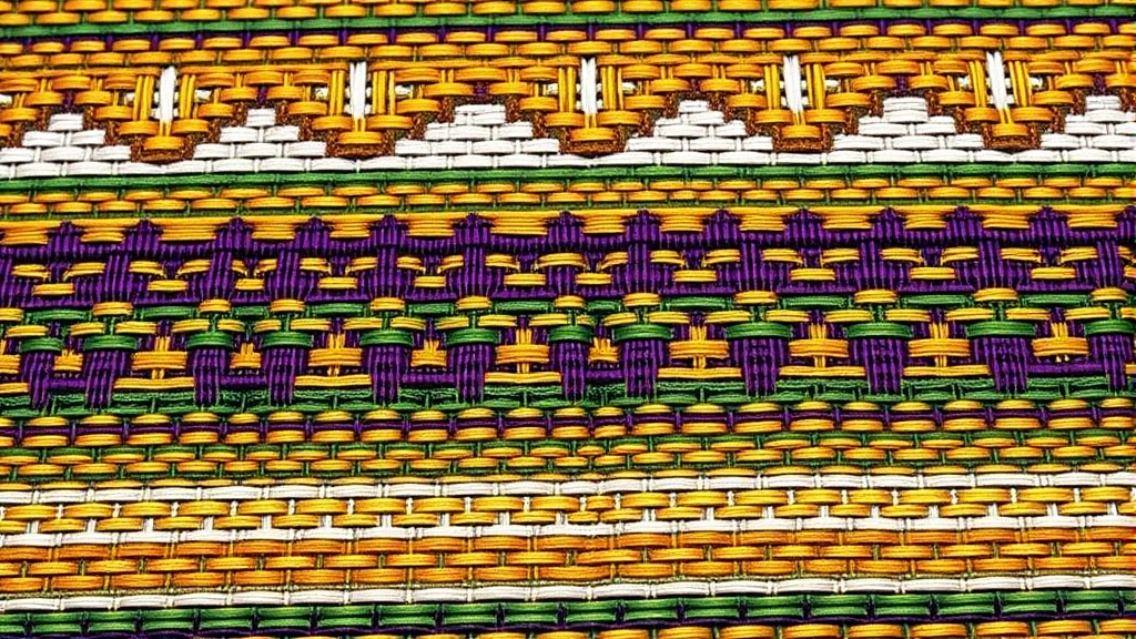 Close-up detail of traditional Kente cloth weaving pattern with intricate geometric designs in gold, purple, and green, showcasing handwoven textile craftsmanship and cultural artistry