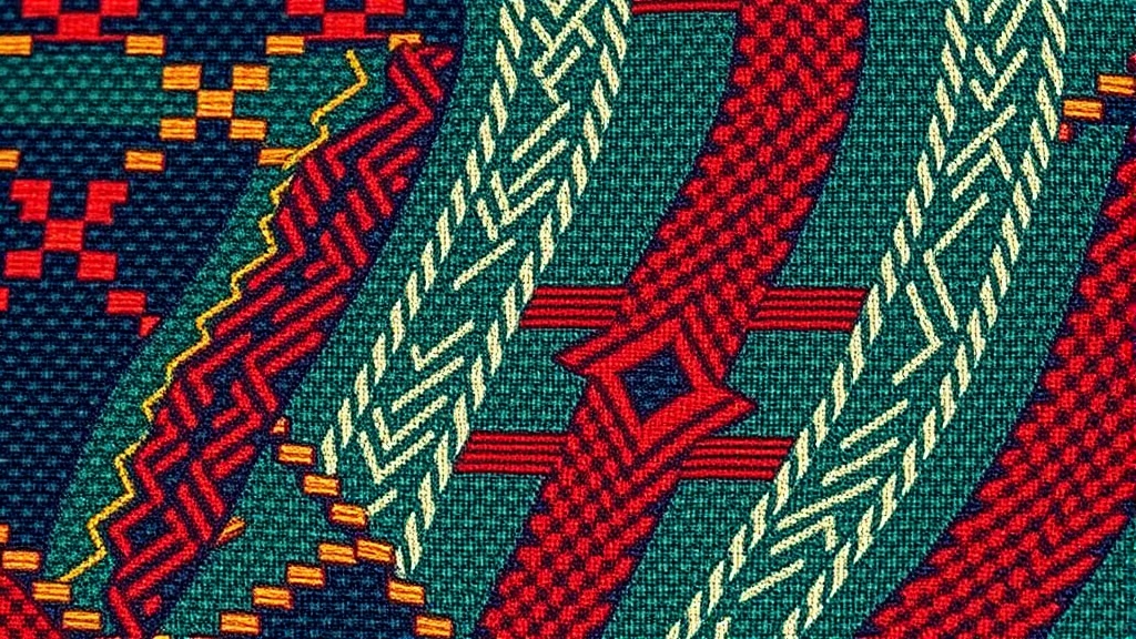 Close-up detail of premium hand-woven Kente cloth fabric showing intricate geometric patterns in jewel tones, traditional weaving texture visible, rich colors and authentic craftsmanship