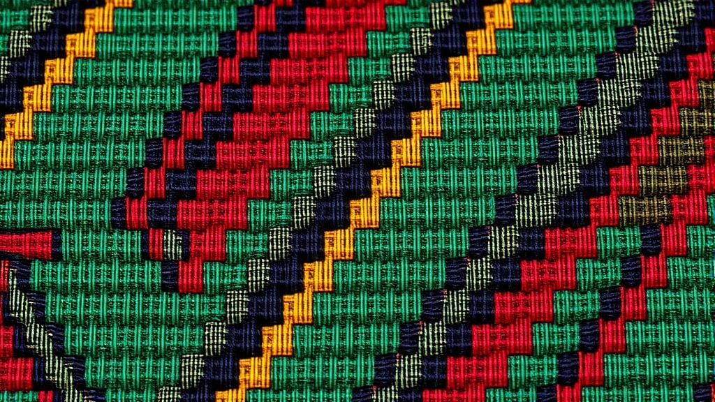 Close-up photorealistic detail of handwoven kente cloth texture in rich jewel tones, showing intricate geometric patterns and traditional weaving craftsmanship without any visible text or logos