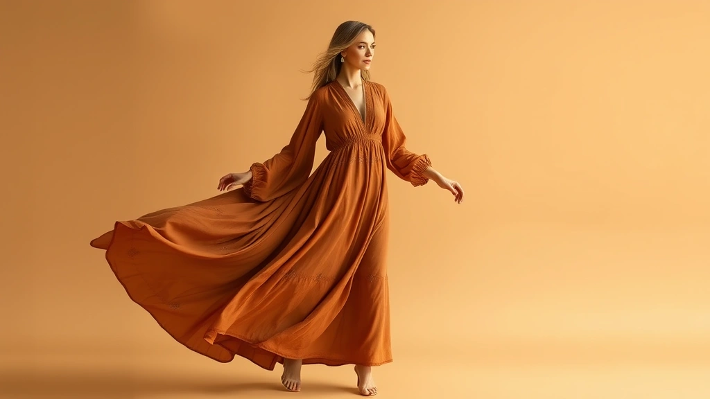 Elegant woman wearing flowing Boubou dress in rich earth tones with subtle embroidery details, graceful draping and movement captured mid-stride, minimalist accessories, confident expression