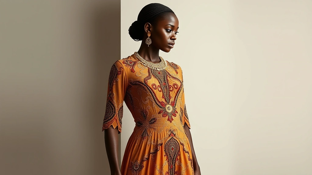 Photorealistic image of a model wearing an elegant beaded and embellished African dress in earth tones with intricate hand-beadwork details, photographed against minimalist backdrop showcasing the garment's artistry