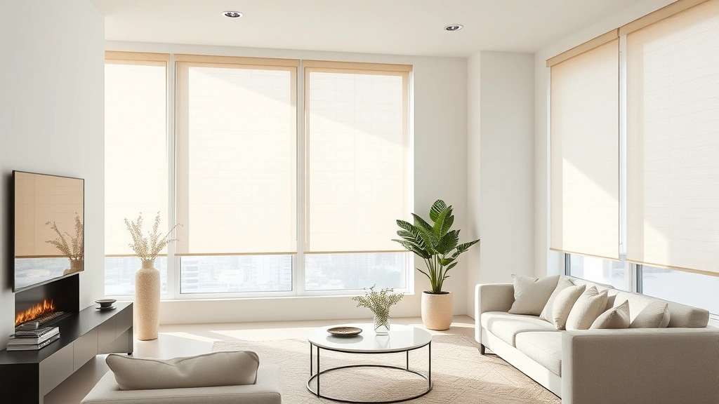 Sophisticated neutral-toned roller shades with soft fabric texture in modern minimalist living room, daylight filtering through pristine white and cream materials, contemporary furniture visible in background