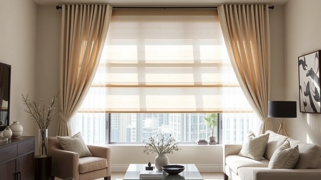 Elegant modern window treatments featuring layered sheer and solid fabrics in neutral tones, showcasing sophisticated light filtering and texture contrast in contemporary living room setting