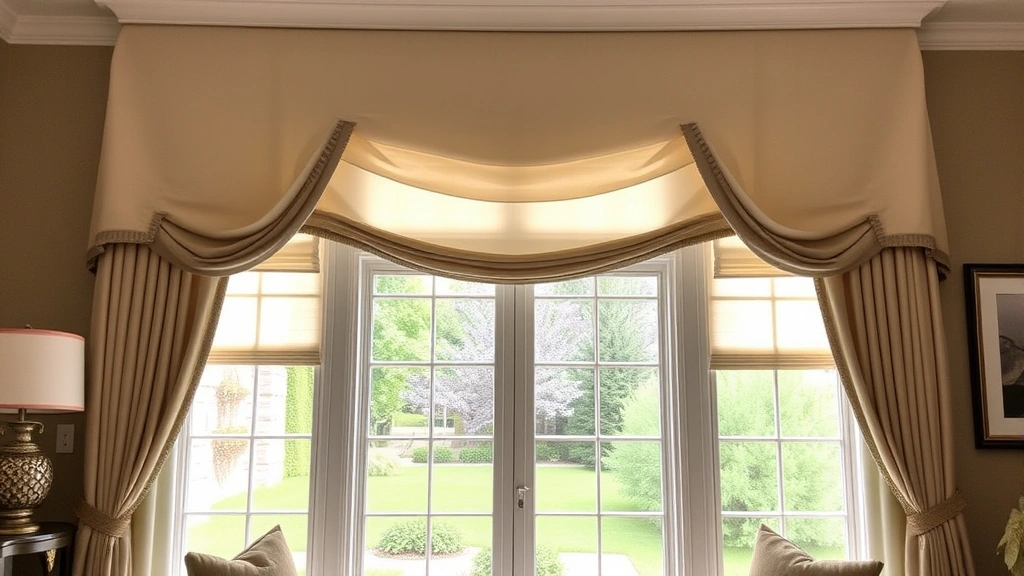 Luxurious custom window treatment installation featuring multiple fabric layers in cream and taupe tones, demonstrating professional craftsmanship with perfect pleating and tailored proportions in sophisticated residential space