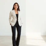 Woman in tailored cream blazer and perfectly fitted black trousers, standing confidently in modern minimalist setting, professional yet elegant aesthetic, soft natural lighting highlighting fabric quality