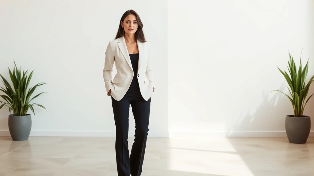 Woman in tailored cream blazer and perfectly fitted black trousers, standing confidently in modern minimalist setting, professional yet elegant aesthetic, soft natural lighting highlighting fabric quality