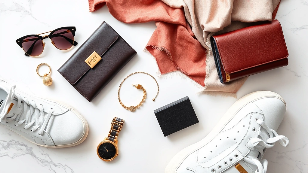 Overhead flat lay of luxury fashion items arranged artfully: designer sunglasses, gold jewelry, leather wallet, silk scarf, and white sneakers on marble background with soft natural lighting