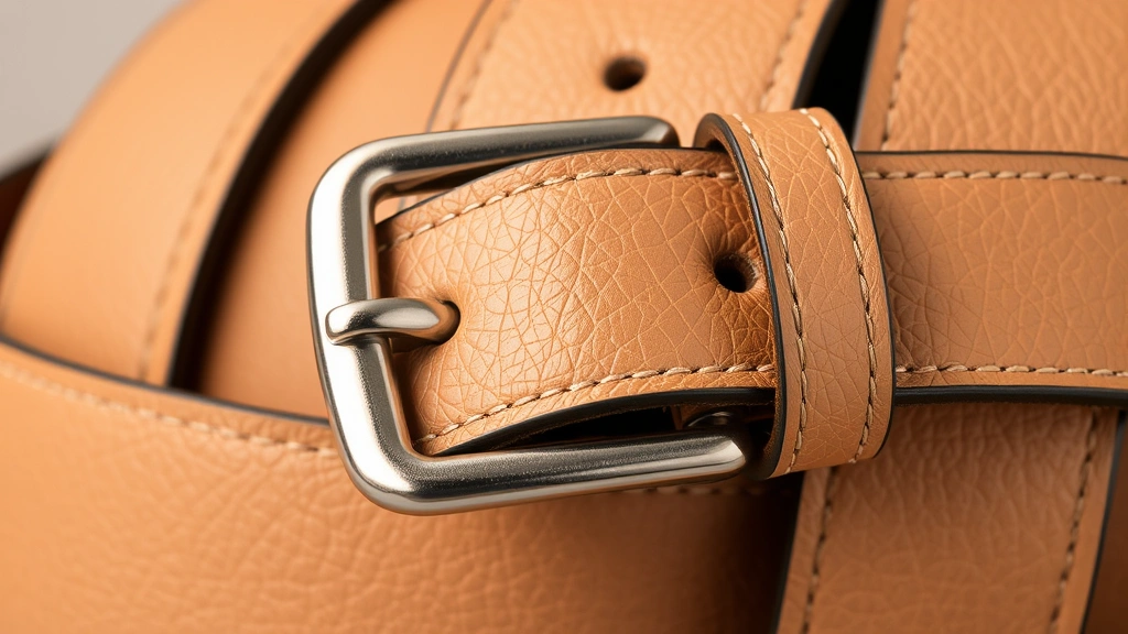 Close-up detail shot of premium leather belt with quality hardware buckle, textured leather surface showing craftsmanship, neutral beige tone, professional product photography style