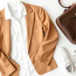 Minimalist fashion flat lay featuring neutral-toned clothing items arranged on white background: crisp white button-up shirt, tailored camel blazer, quality white leather sneakers, structured handbag, and delicate gold jewelry pieces arranged artfully