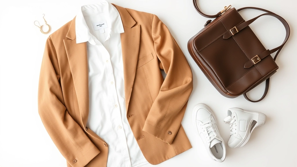 Minimalist fashion flat lay featuring neutral-toned clothing items arranged on white background: crisp white button-up shirt, tailored camel blazer, quality white leather sneakers, structured handbag, and delicate gold jewelry pieces arranged artfully