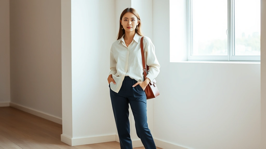 Young woman wearing contemporary casual-smart outfit in natural indoor lighting: cream oversized linen shirt tucked into tailored navy trousers, white minimalist sneakers, carrying structured leather crossbody bag, natural makeup, confident posture, soft natural light from window