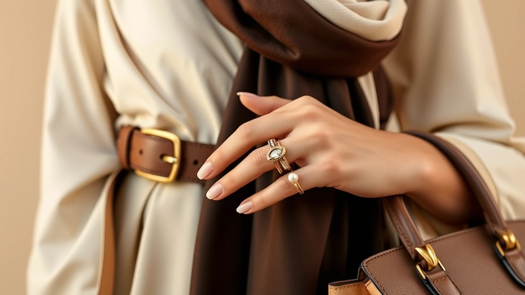 Fashion styling details close-up: luxury leather belt with gold buckle draped over cream fabric, silk scarf folded artistically, stacked gold and silver rings on hands, pearl earrings, quality handbag detail showing craftsmanship, all on neutral beige background with soft natural lighting