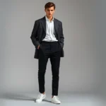 Fashion model wearing oversized charcoal blazer with crisp white button-up shirt, tailored black trousers, and white leather minimalist sneakers, standing against neutral gray backdrop, natural lighting, clean fashion photography style