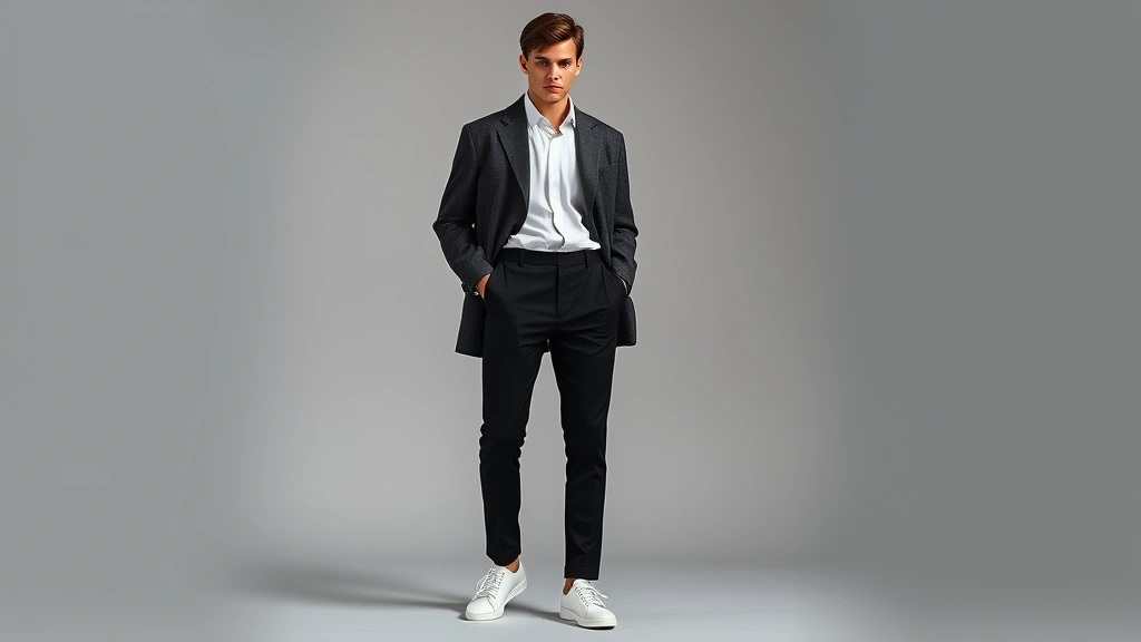 Fashion model wearing oversized charcoal blazer with crisp white button-up shirt, tailored black trousers, and white leather minimalist sneakers, standing against neutral gray backdrop, natural lighting, clean fashion photography style