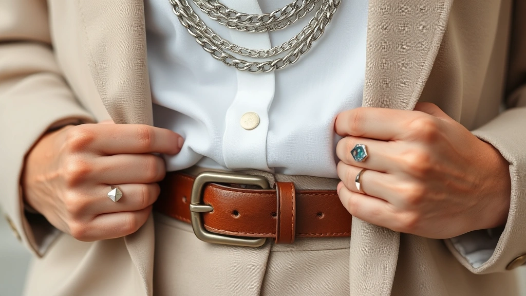 Close-up of androgynous styling details: structured leather belt, layered silver chain necklaces, and minimalist geometric rings on hands, with neutral color palette clothing visible, professional fashion detail shot