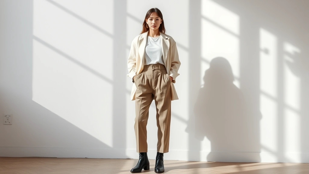 Full-length androgynous outfit featuring oversized cream linen blazer over cropped white tee, high-waisted tailored trousers, black leather structured boots, minimal accessories, posed in natural window lighting with soft shadows