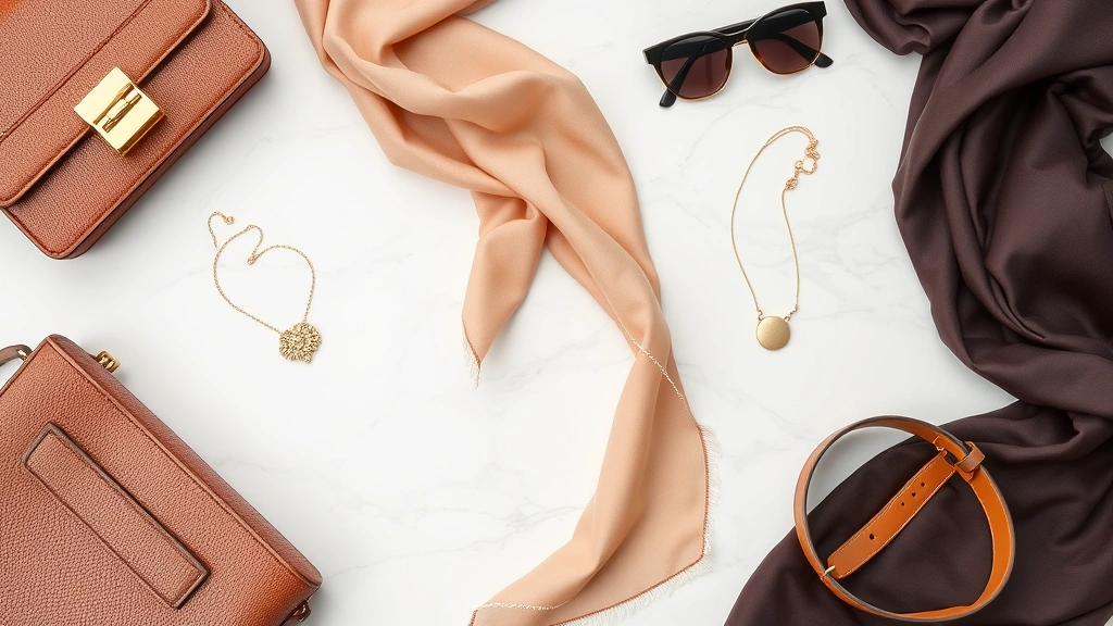 Fashion accessories flat lay including designer handbag, silk scarves, delicate gold jewelry, belt, and sunglasses arranged on marble surface with neutral aesthetic