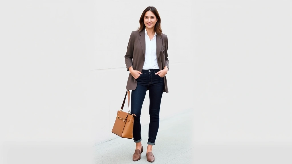 Stylish woman in capsule wardrobe basics posing outdoors wearing white button-down, tailored blazer, dark denim, structured handbag, and neutral loafers with confident expression