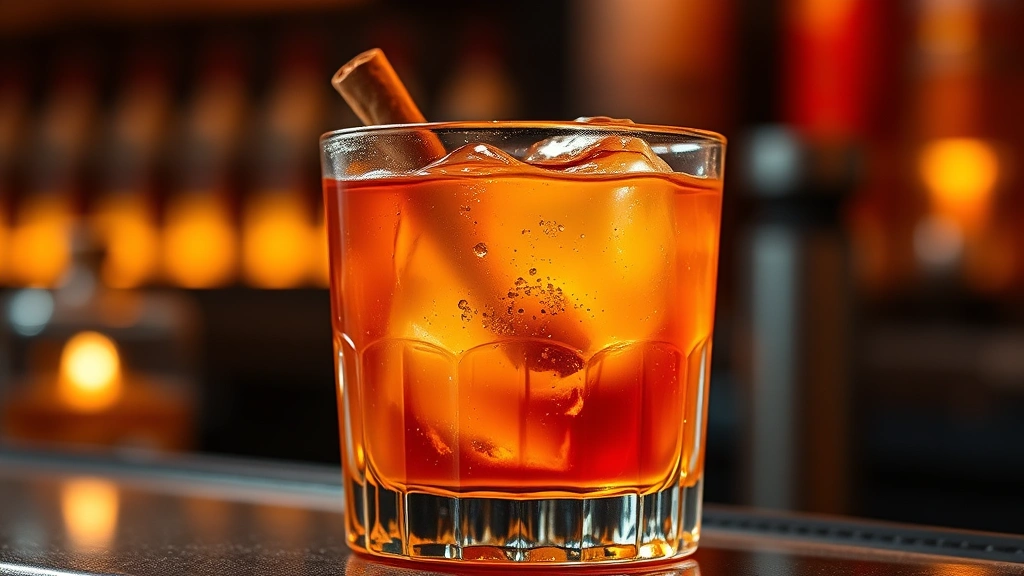 Close-up of amber-colored apple cider old fashioned cocktail in crystal rocks glass with large ice cube, cinnamon stick garnish, warm autumn lighting, professional bar setting, condensation on glass rim, golden liquid reflecting warm light, sophisticated presentation