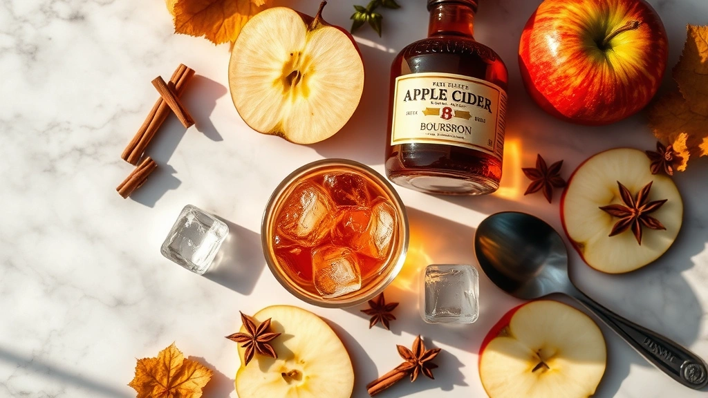 Overhead flat lay of craft cocktail ingredients: fresh apple cider in vintage bottle, premium bourbon bottle, aromatic bitters, fresh apple slices, cinnamon sticks, star anise, large ice cubes, bar spoon, rocks glass on marble surface, natural autumn sunlight, styled mixology aesthetic