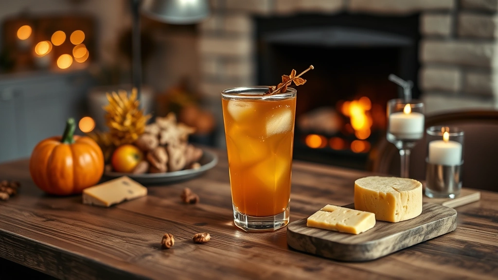 Elegant autumn entertaining scene: apple cider old fashioned cocktail as centerpiece on wooden table, cheese board with aged cheddar nearby, roasted nuts, candlelight creating warm ambiance, fireplace blurred in background, sophisticated evening entertaining mood, seasonal hospitality atmosphere