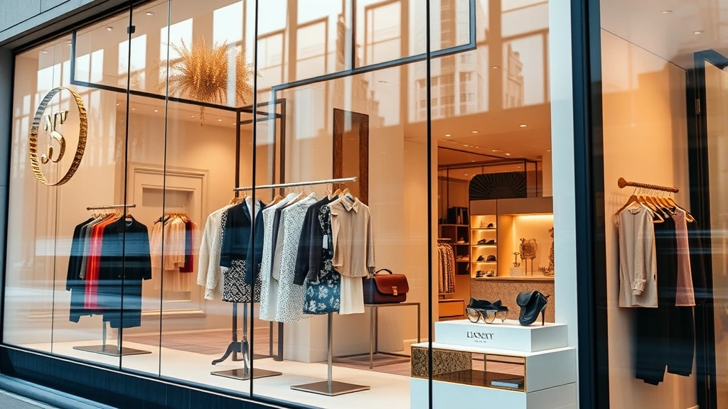 Close-up of luxury fashion boutique storefront with elegant window display showcasing designer clothing and accessories, premium retail environment with natural lighting