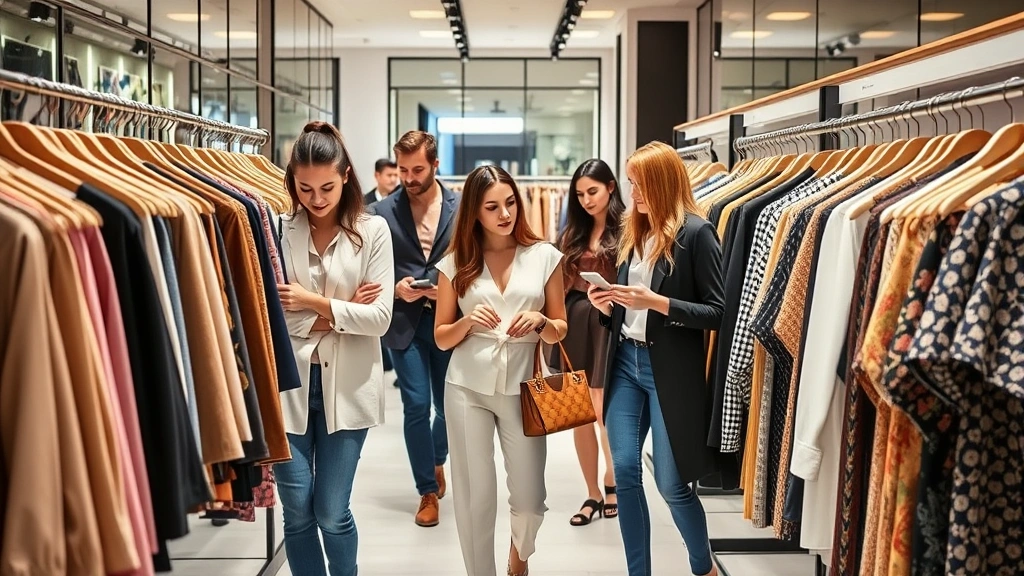 Group of stylish shoppers browsing designer clothing racks in high-end boutique, examining fabrics and garments with focused attention, luxury shopping experience