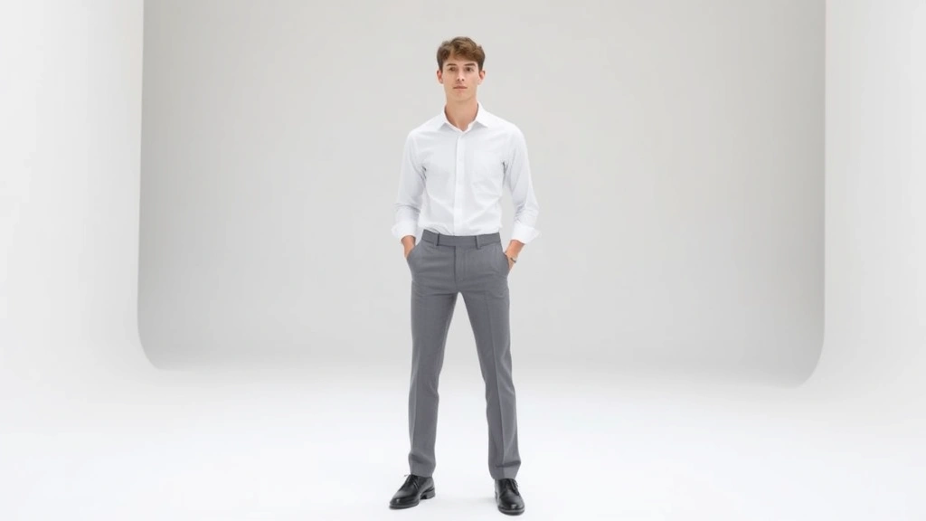 Clean minimalist fashion photoshoot featuring model wearing crisp white button-up shirt and tailored gray trousers, standing in bright white studio with natural light, showcasing modern minimalist aesthetic inspired by technological design precision