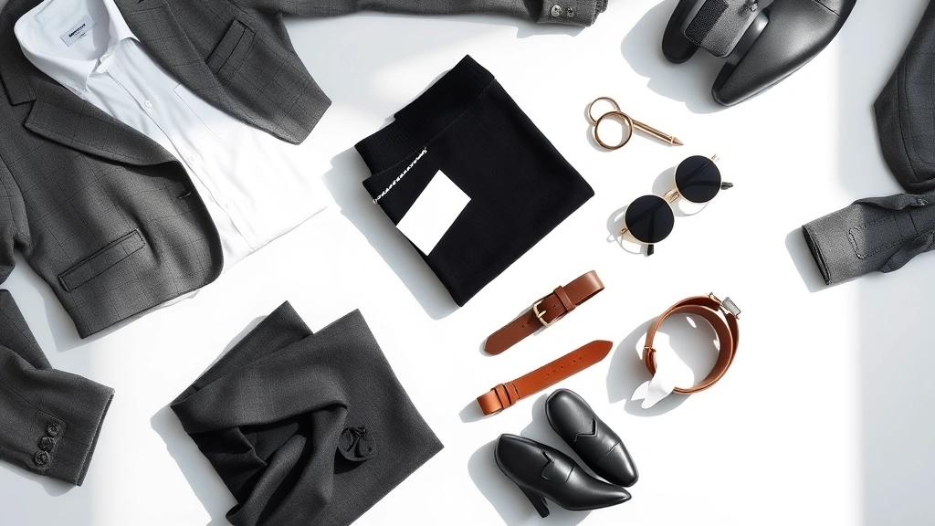 Overhead flat lay composition of minimalist wardrobe essentials including folded white shirt, black sweater, gray blazer, neutral accessories, and premium leather belt arranged on white background with soft shadows, emphasizing quality materials and clean design