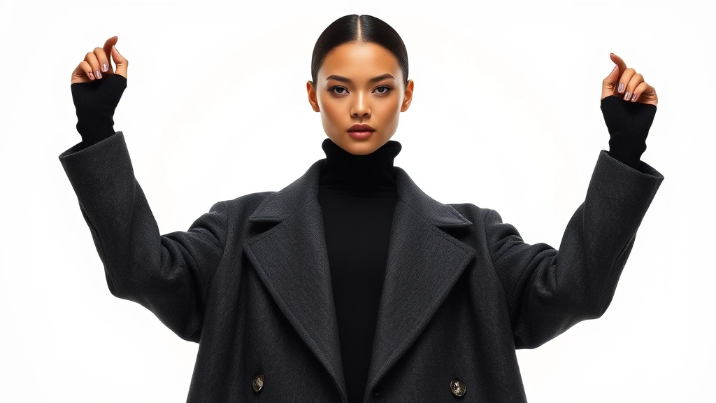 Fashion model wearing sleek black turtleneck and charcoal wool coat with perfect proportions, photographed against minimalist white background, embodying tech-inspired fashion elegance with focus on silhouette and material quality