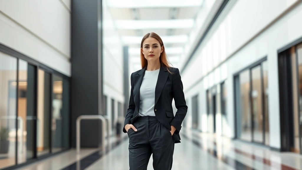 Woman wearing tailored black blazer, white fitted shirt, and charcoal trousers standing in modern mall corridor with clean lines and natural lighting, embodying tech-inspired minimalism