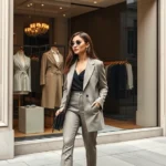 Fashionable woman in sleek minimalist outfit with tailored blazer and neutral tones browsing designer boutique storefront with elegant window display