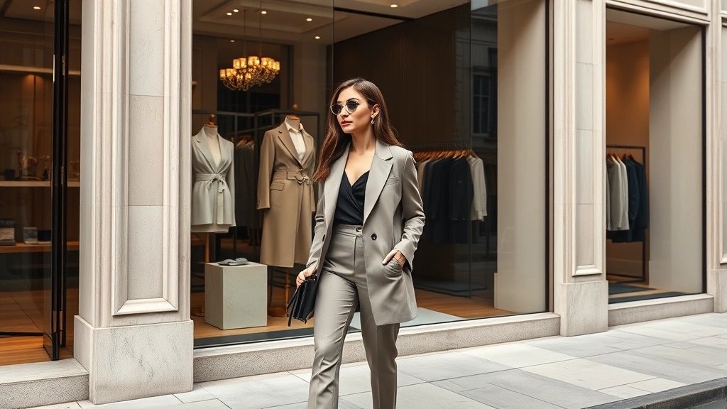 Fashionable woman in sleek minimalist outfit with tailored blazer and neutral tones browsing designer boutique storefront with elegant window display