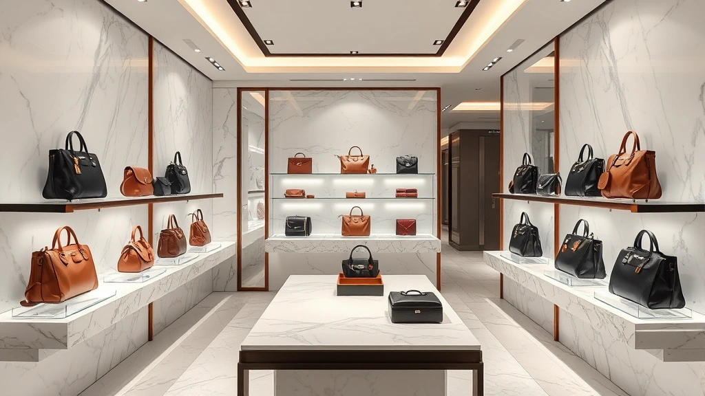 Luxury retail interior with designer handbags and accessories displayed on marble shelves, sophisticated lighting, modern minimalist aesthetic