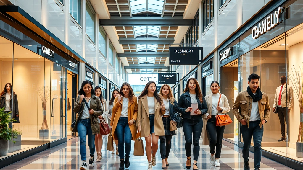 Diverse group of stylish shoppers in trendy outfits walking through upscale mall corridor with designer store facades and contemporary architecture