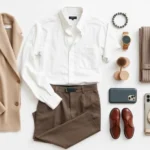 Minimalist wardrobe essentials flat lay featuring neutral tones, premium fabrics, clean silhouettes, white button-down shirt, tailored trousers, cashmere sweater, organized on white background