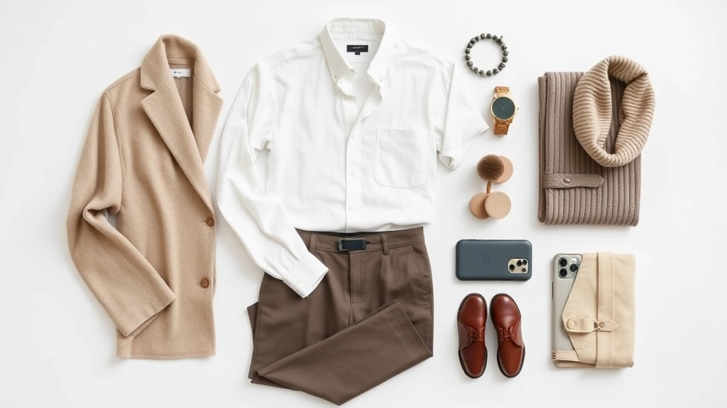 Minimalist wardrobe essentials flat lay featuring neutral tones, premium fabrics, clean silhouettes, white button-down shirt, tailored trousers, cashmere sweater, organized on white background