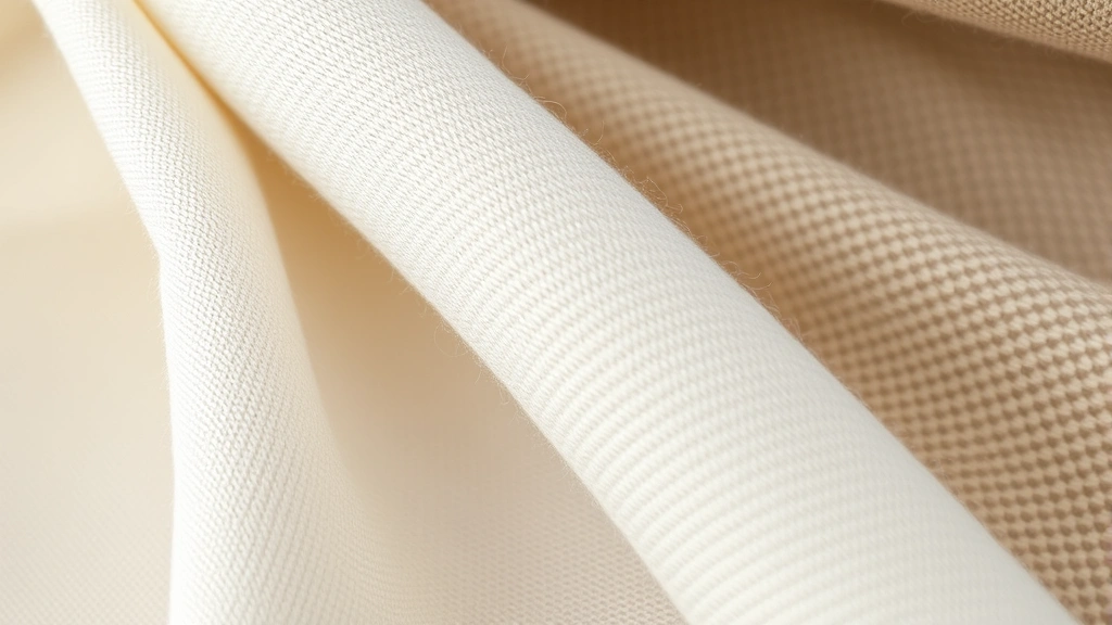 Close-up of quality fabric textures showing silk, linen, wool cashmere in neutral beige, white, gray tones with refined tailoring details and seams