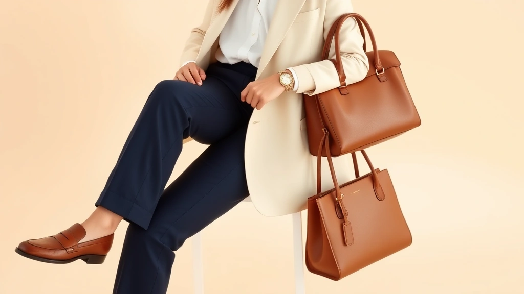 Styled neutral outfit featuring tailored cream blazer, white silk shirt, navy trousers, classic leather loafers, gold watch, structured leather handbag on soft neutral backdrop