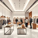 Modern luxury fashion retail store interior with minimalist design, white walls, strategic accent lighting, clothing displays on wooden fixtures, customers browsing designer pieces, contemporary architectural elements, premium shopping environment