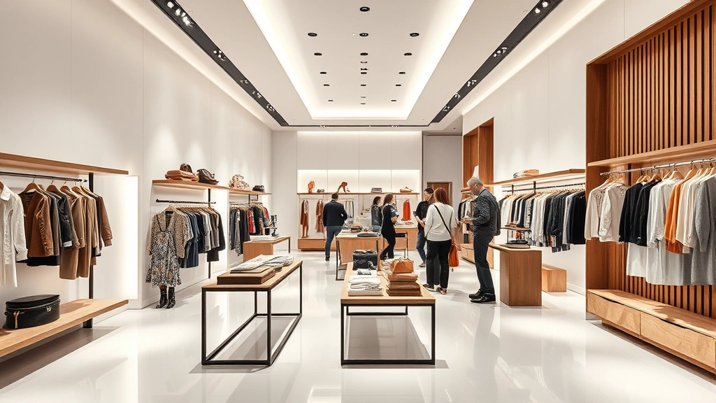 Modern luxury fashion retail store interior with minimalist design, white walls, strategic accent lighting, clothing displays on wooden fixtures, customers browsing designer pieces, contemporary architectural elements, premium shopping environment