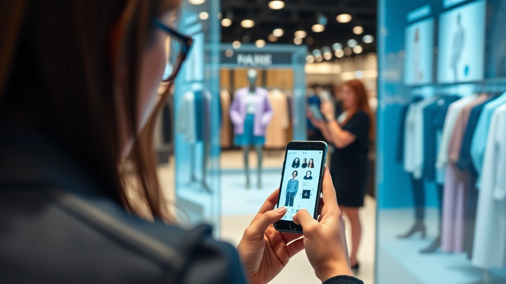 Fashion retailer using digital technology: customer with smartphone viewing augmented reality virtual fitting room, interactive digital display showing style recommendations, modern retail technology integration, professional styling consultation