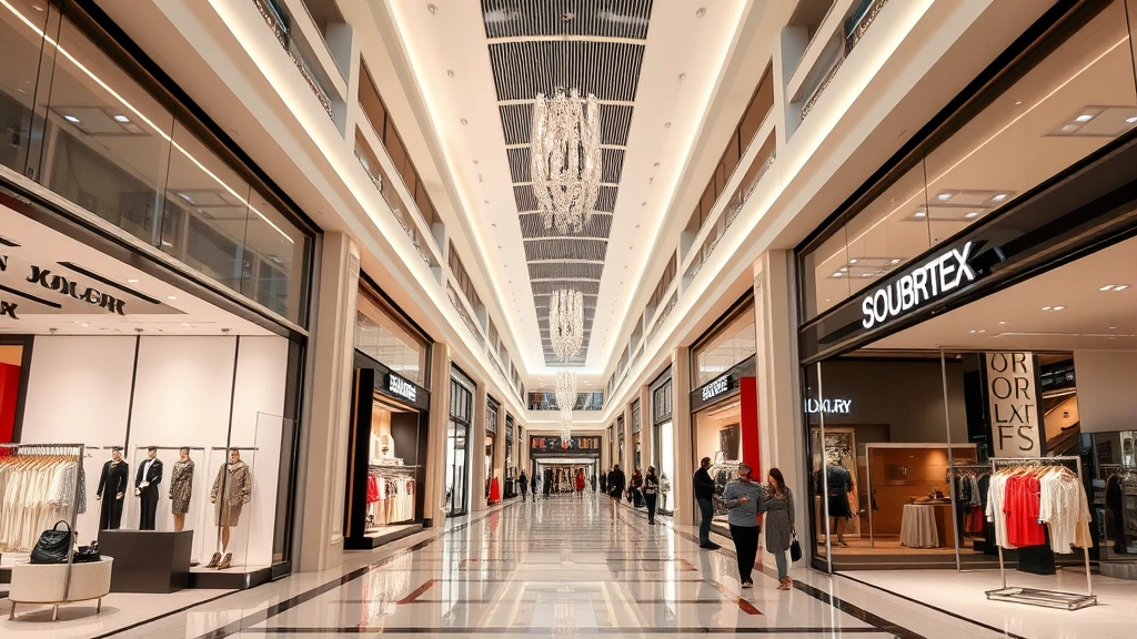 Upscale shopping mall corridor with luxury fashion boutiques, modern lighting design, customers walking between stores, premium retail environment, contemporary mall architecture, high-end shopping destination