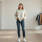 Woman wearing cream cashmere sweater, dark wash jeans, and white leather sneakers standing in modern minimalist retail space with neutral background, natural lighting, clean aesthetic