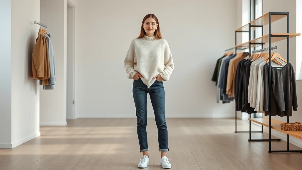 Woman wearing cream cashmere sweater, dark wash jeans, and white leather sneakers standing in modern minimalist retail space with neutral background, natural lighting, clean aesthetic