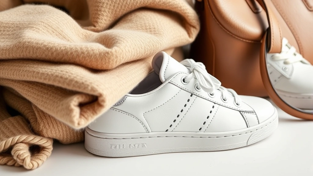 Close-up of luxury fashion basics including folded neutral-toned cashmere, premium white sneaker detail, and structured leather handbag on white surface, product photography style