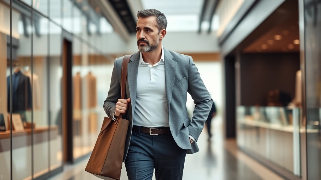 Man in tailored gray blazer, white fitted shirt, and dark trousers with structured tote bag walking through contemporary retail environment with glass and steel elements, candid lifestyle shot